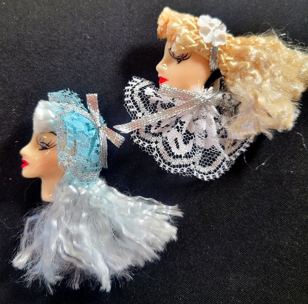 Glamour Lady Head Brooch Face Lot of 2 Blue White and Silver With Gift Boxes